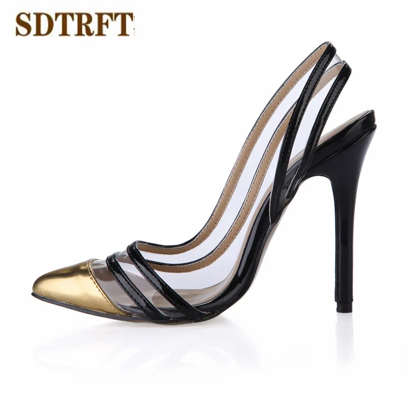 

SDTRFT Plus:35-42 43 Summer Slinbacks Sandals zapatos mujer 12cm thin high heels SM Pointed toe shoes woman Hollow out pumps