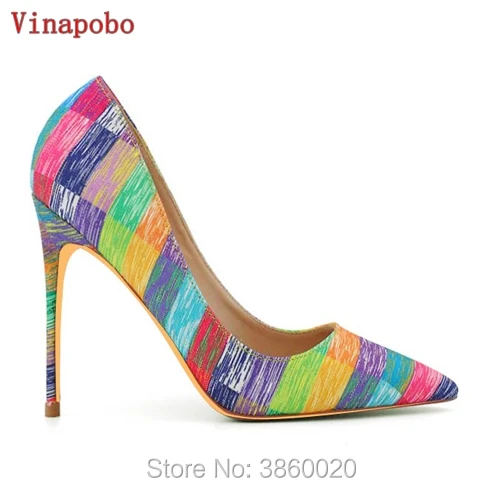 

Classics High Heels women shoes Rainbow print Shoes New Arrival Concise Sequined Cloth Shallow Women Pumps Pointed Toe Fashion