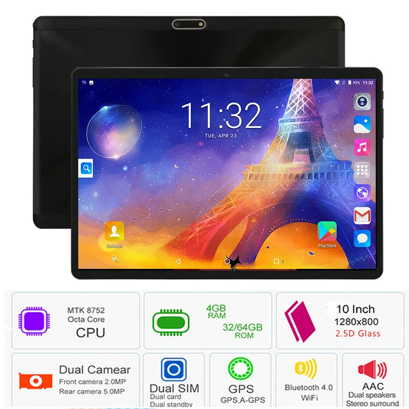 Планшет с восьмиядерным процессором Android 8 0 ОЗУ 4 Гб ПЗУ 64 ГБ 1280*800 IPS HD 2.5D стекло +