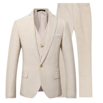 EN VENTA ❤️ Traje Beige de marfil para hombre, traje informal de lino para playa, boda, novio, elegante vestido de graduación, ropa de fiesta para hombre, 3 piezas (chaqueta + chaleco + Pantalones) - discount item 33% OFF Ropa hombre