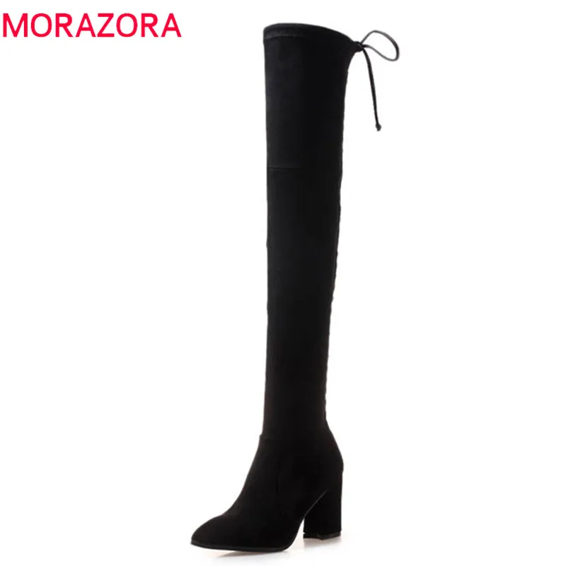MORAZORA 2018 sexy over the knee boots women pointed toe flock leather autumn winter boots zip fashion high heels shoes woman цена MORAZORA 2018 sexy over the knee boots women pointed toe flock leather autumn winter boots zip fashion high heels shoes woman цены онлайн
