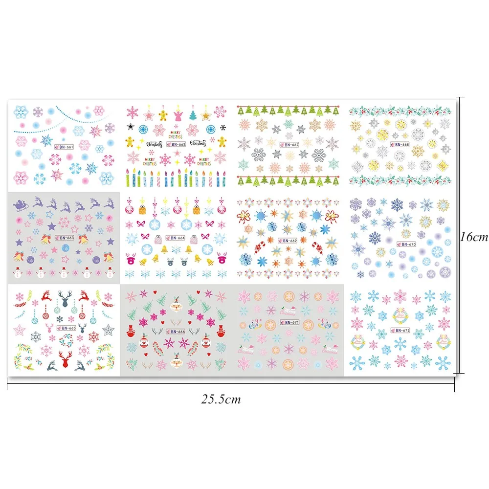 Полная красота, 12 видов конструкций, цветные наклейки для ногтей, зимние, сделай сам, снежинки, для украшения ногтей, Типсы, Рождественские Водные татуировки, CHBN661-672