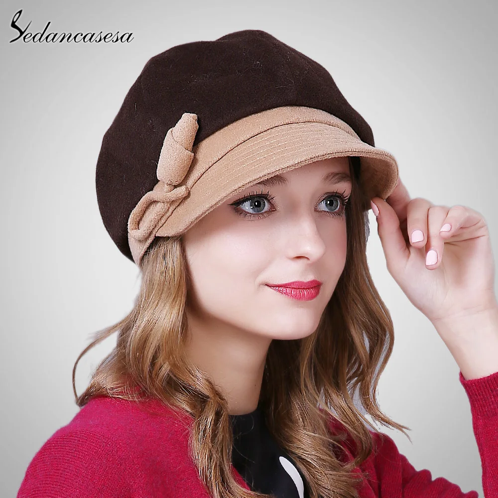 Sedancasesa Spring female hats Korean fashion keep warm winter hat berets newsboy cap with handmade flower visor cap WG015013
