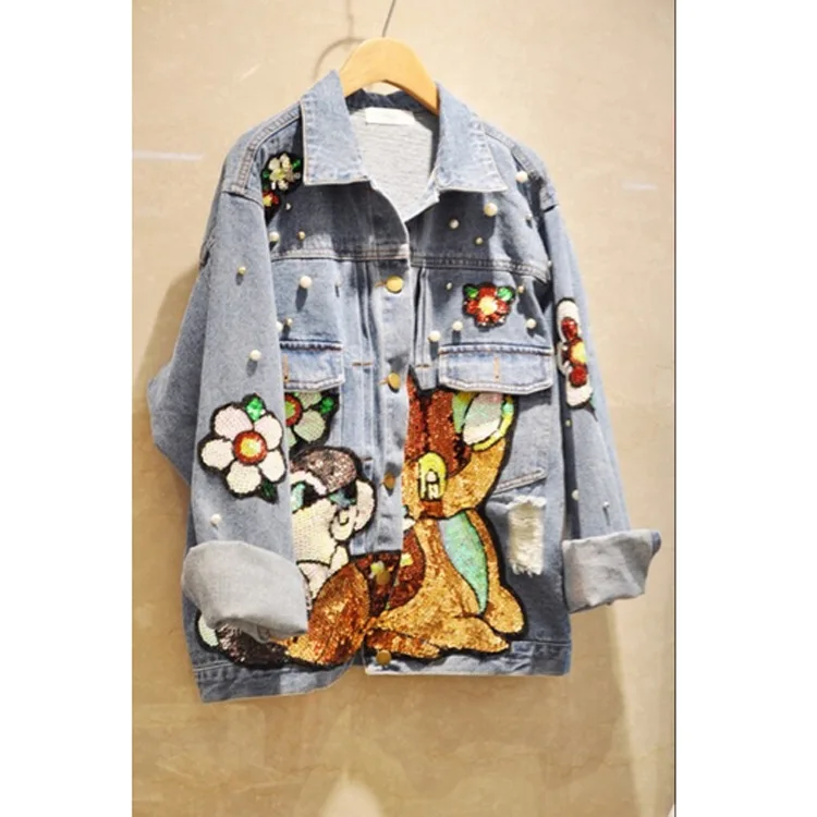 

2019 Spring Autumn New Animal Patch Sequin Denim Jacket Women's Student Vintage Beading Loose Jeans Coat Casual Girls Outwear