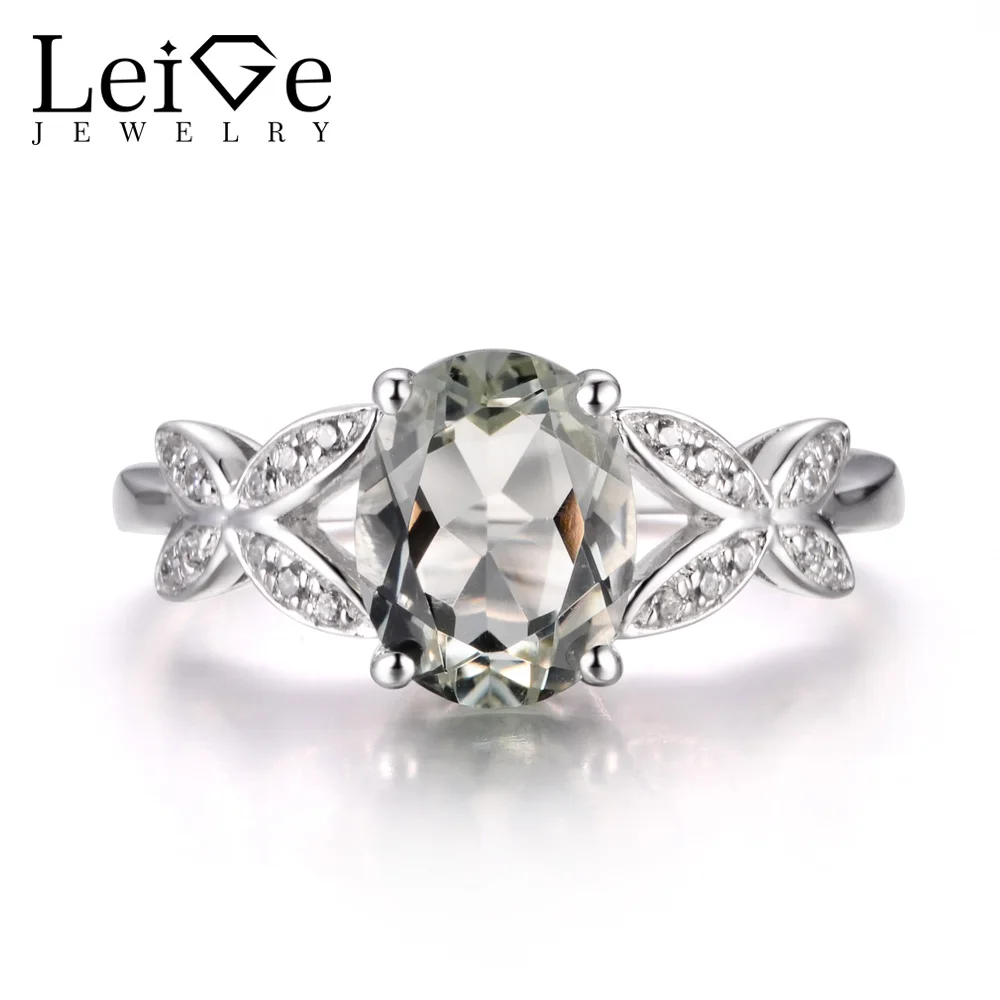 LeiGe Jewelry Natural Green Amethyst Rings Promise Rings Oval Cut Green