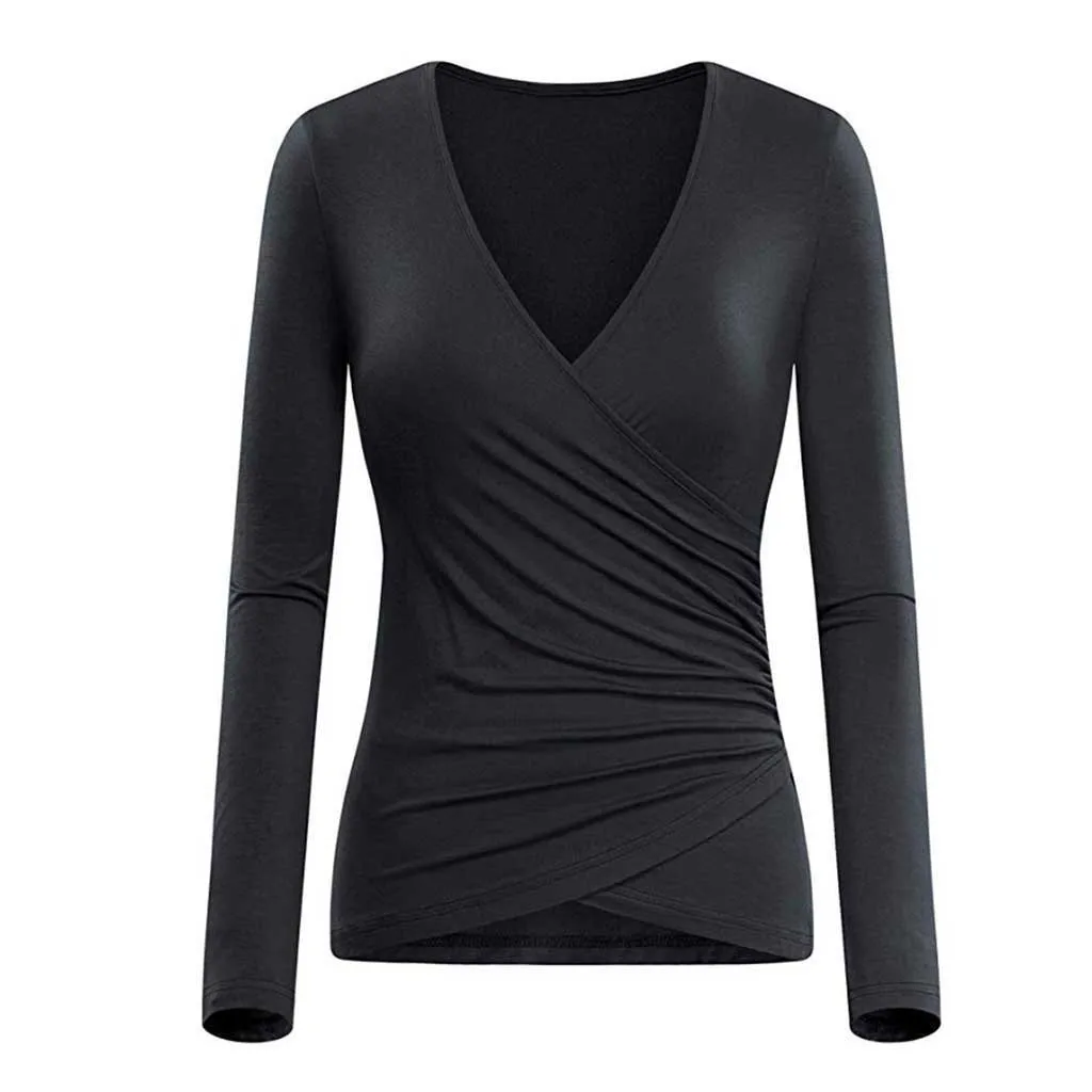 

Feitong 2019 Woman V-Neck Long-Sleeved Sexy With Solid Set Fleece Casual Top New arrival