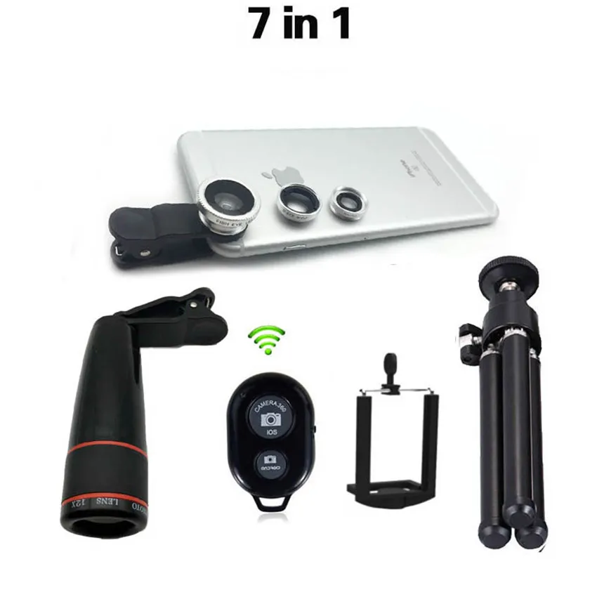 bilder für 7in1 Handy-kamera-objektiv Kit 12X Teleobjektiv + Weitwinkel makro + fischauge + bluetooth remote + stativ für iphone und Android bilder für 7in1 Handy-kamera-objektiv Kit 12X Teleobjektiv + Weitwinkel makro + fischauge + bluetooth remote + stativ für iphone und Android