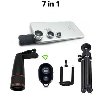 

7in1 Phone Camera Lens Kit 12X Telephoto Lens + Wide Angle Macro +fish eye + Bluetooth Remote + Tripod For iphone and Android