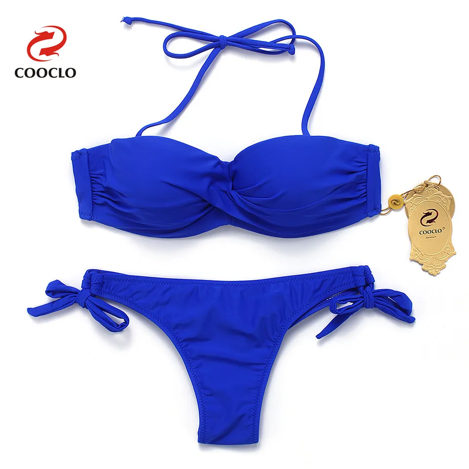 COOCLO Solid Color Sexy Bikini 2019 Women Swimwear Halter Push up Gathered Bikinis Brazilian Bottom Beach Wear Swimsuit Biquinis