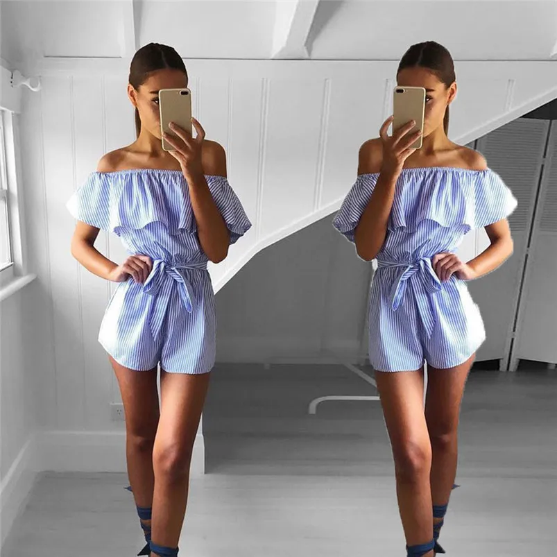 Ruffles Slash Neck Beach Playsuits Summer Women Striped Jumpsuits Girls Sexy Casual Playsuit Overalls with Belts Femininos R21 (1)