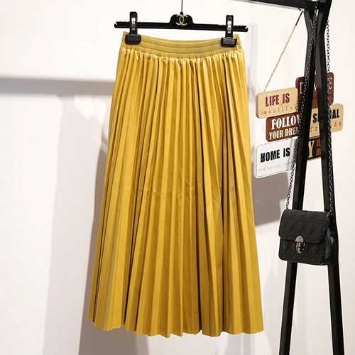 Женская юбка из искусственной кожи, Осень-зима, миди длинная Корейская элегантная плиссированная кожаная юбка с высокой талией, Женская офисная юбка трапециевидной формы - Цвет: Цвет: желтый