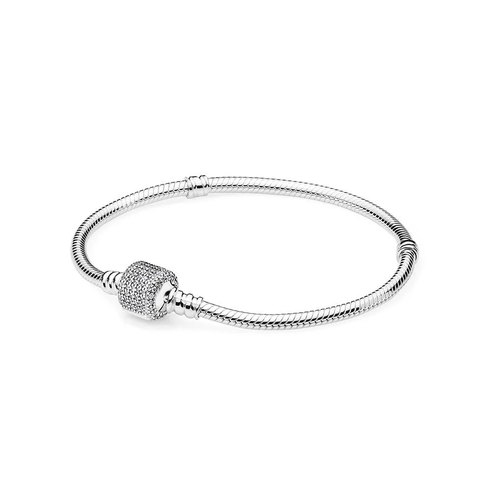 

925 Sterling Silver Original Moments Silver Signature Clasp Europe Bracelet With Clear CZ Fit Bead Bangle Charm DIY Jewelry