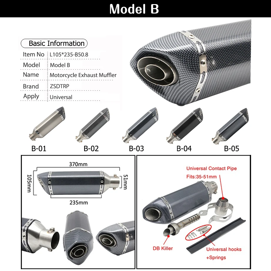 ZS заездов 51 мм Akrapovic мотоцикл выхлопной модифицированный скутер выхлопной глушитель с DB убийца для GY6 CRF 230 MSX 125 ATV Dirt Bike