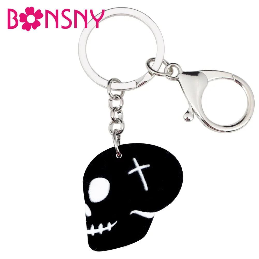 Bonsny акрил Хэллоуин Черный череп брелок цепочка кольцо модное Панк ювелирные