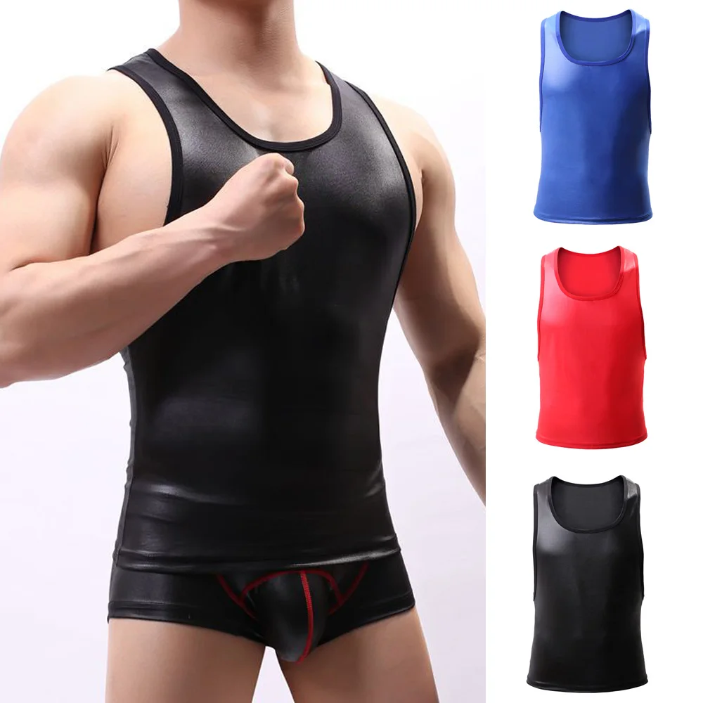 Мужской жилет спортивный из искусственной кожи с круглым вырезом Модные топы для спортзала без рукавов майка стильный