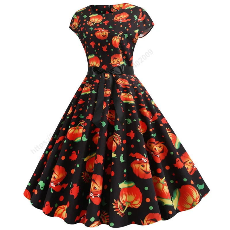 Pumpkin Print Halloween Dress Women Summer O Neck Short Sleeve Party Dress robe femme Elegant Vintage Dresses Plus Size