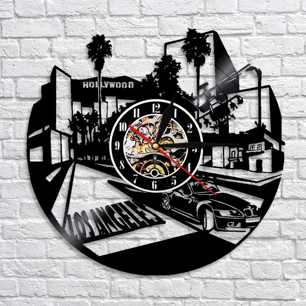 

Los Angeles Cityscape Wall Art Decor Clock USA LA Skyline Vinyl Record Watch Wall Clock Handmade Art Clocks Travel Gift