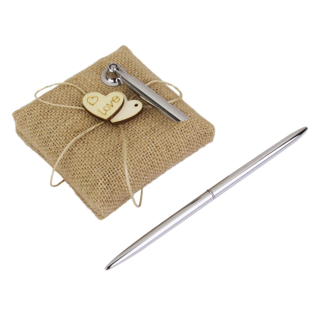 Vintage Burlap Pen Stand and Pen Set for Wedding Bridal Reception Wood Hearts Decor Party Event Favor Guests Kid Gifts