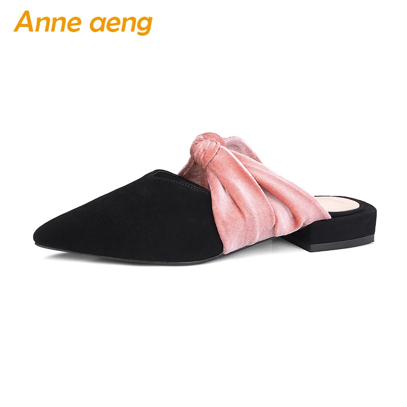 

summer women slippers sheepskin block heel butterfly-knot pointed toe sweet ladies Mules outside slippers black shoes women