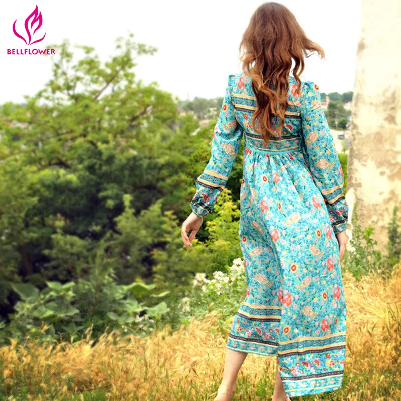 Женское длинное платье с цветочным принтом V образным вырезом|women dress|long dressprint dress |