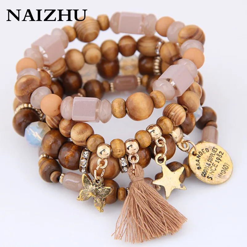 

New Hot Charm Wood Beads Bracelet for women Bohemian Ethnic Alloy butterfly star tassel pendant Round beaded Bracelet Bracelets