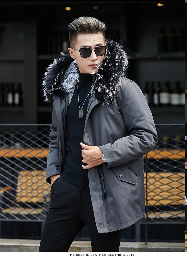 Batmo Новое поступление зимняя высококачественная теплая куртка с капюшоном из кроличьего меха, синяя мужская куртка, парки с воротником из меха енота для мужчин 1820