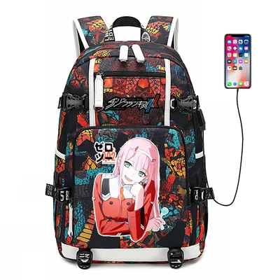 Оранжевый New DARLING in the FRANXX schoolbag Printing laptop bag Men Travel bags USB Charging knapsack Oxford Backpack - Цвет: Оранжевый