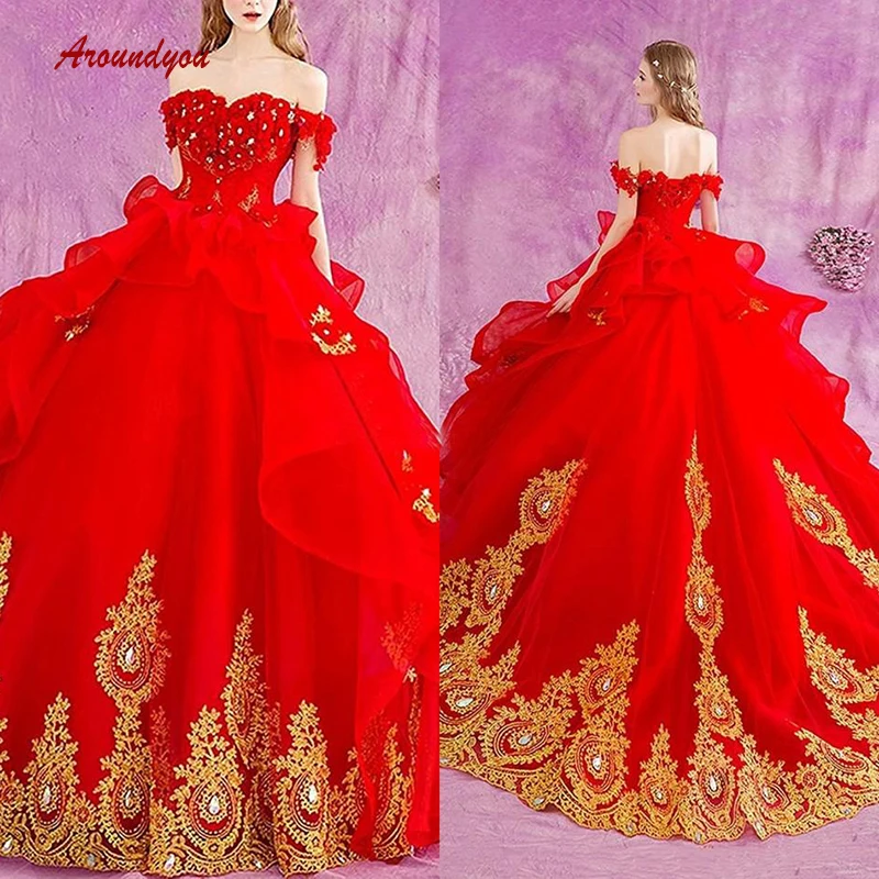 

Red Quinceanera Dresses Ball Gown Tulle Off Shoulder Prom Debutante Sweet 16 Dress vestidos de 15 anos