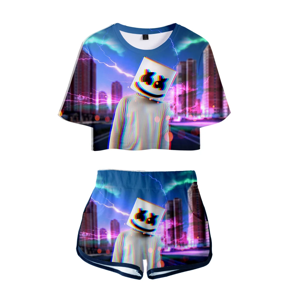 

Electronic music marshmello 2019 new 3D print Summer Two Pieces sets Women Fashion Clothes girl Hot Harajuku T-shirts shorts