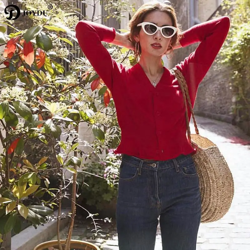 JOYDU Korean Fashion Cardigan Sweater Female 2019 New Elegant Lady V-neck High Waist Ruffles Knitted Top Sweaters for Women |