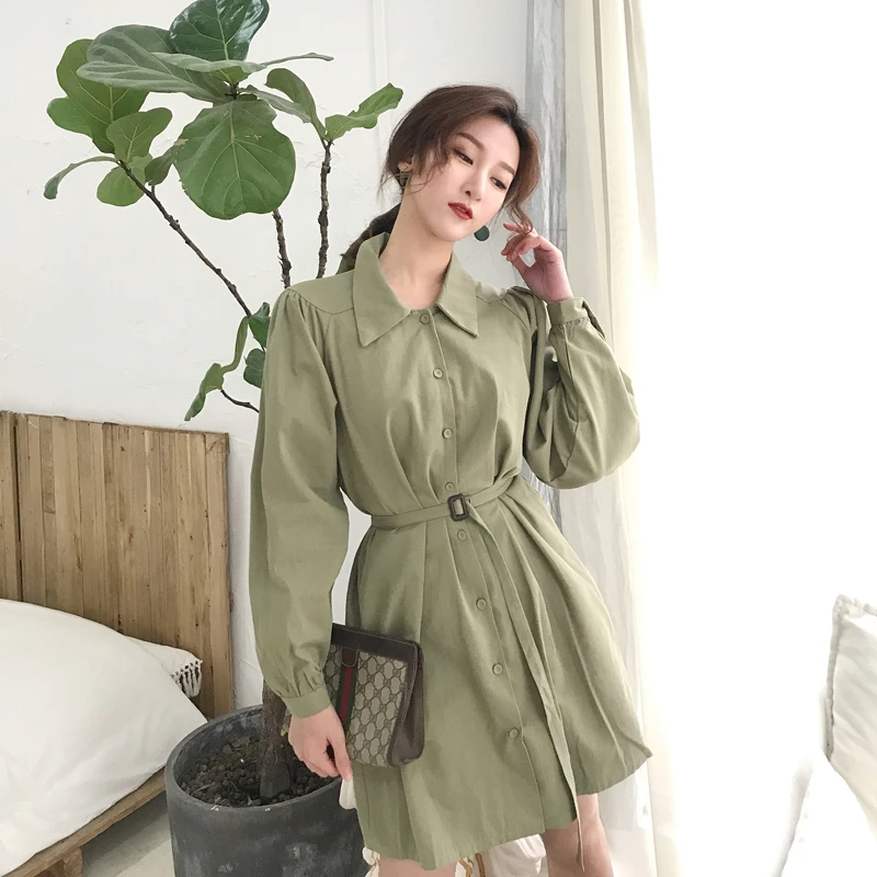 

RUGOD Women Long Puff Sleeve Belt Tunic Dress Spring 2018 New Fashion Long Shirt Dresses Elegant Office Lady Dress Vestidos Robe