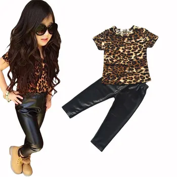 

2017 Summer New Girls Leopard Short Sleeved + Boot Pants Children's Suite
