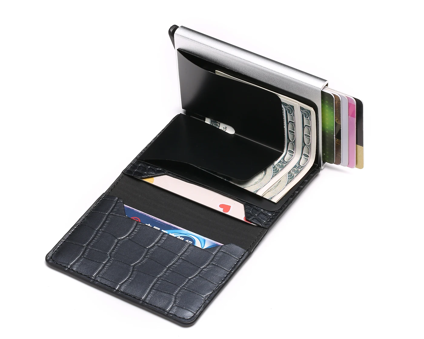 ZOVYVOL محفظة الألومنيوم حامل بطاقة الائتمان المعدنية التلقائي خمر بو الجلود الحماية ضد السرقة Rfid حجب محفظة تمرير ميناء حامل