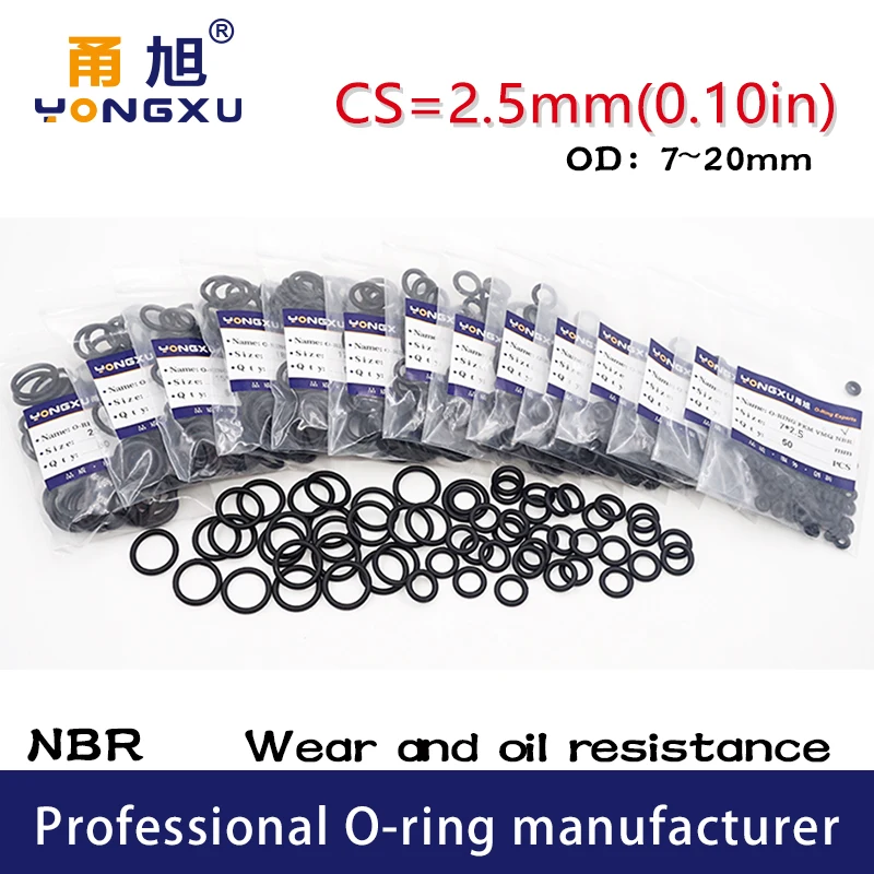 검정색 NBR 씰링 O-링 고무 링, CS2.5 mm 두께, OD7, 8, 9, 10, 11, 12, 13, 14, 15, 16, 17, 18, 19/20x2.5mm, 50 개/로트 개스킷 와셔.- 