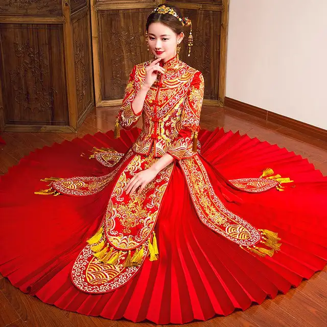 Female Traditional Qipao High Quality Embroidery Chinese Bride Pleated