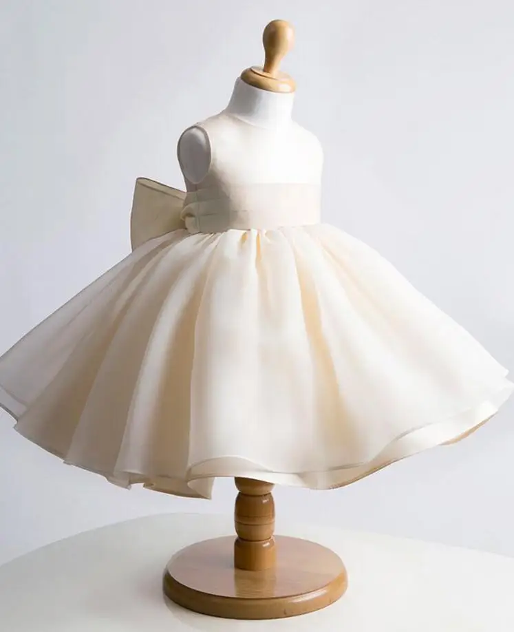 

Cute cheap Champagne knee-length organza flower girl dress with big bow ball gown toddler wedding party first communion gown