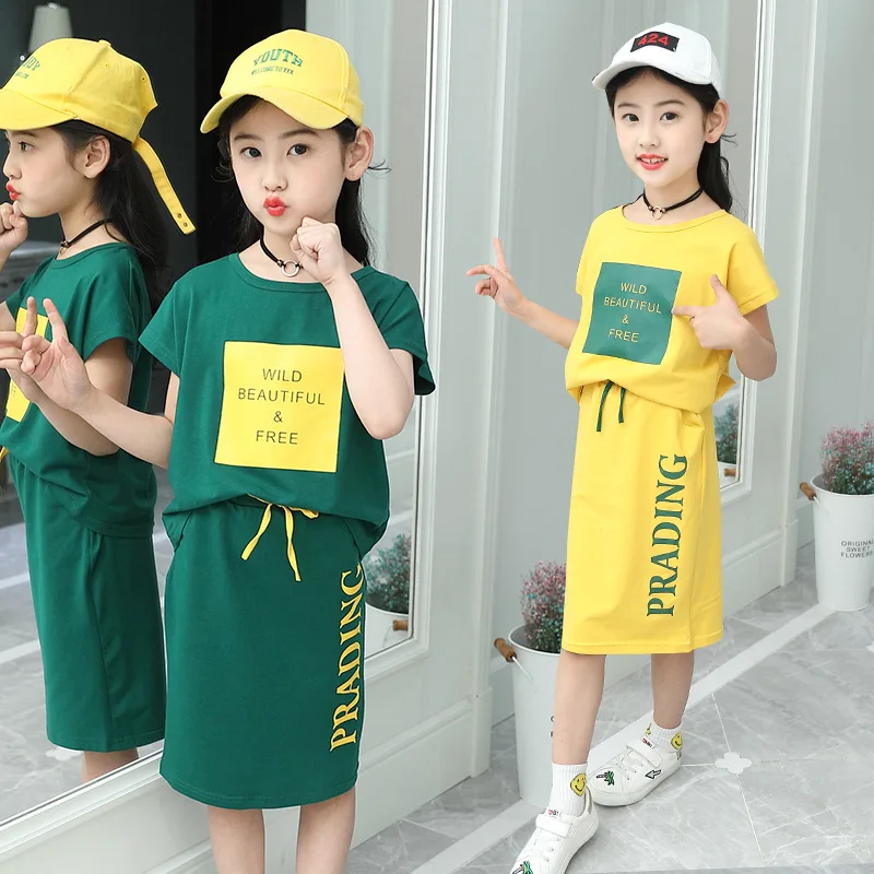 

Kids Baby Girls Clothes Short Sleeve Round Neck Pullover Letter Print Tops Skirts 2pc Cotton Outfits Girls' Fashion Summer Suit