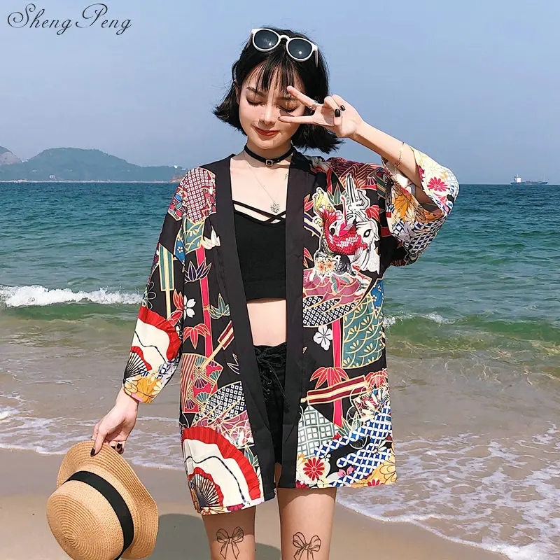 

Kimonos woman 2019 Japanese kimono cardigan cosplay shirt blouse for women Japanese yukata female summer beach kimono V1400