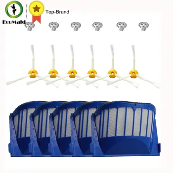 

5pcs Blue Aero Vac Filters and 6pcs 3-Armed Side Brush and 6 Screws For iRobot Roomba Replacement 500 600 Series robots cleaning