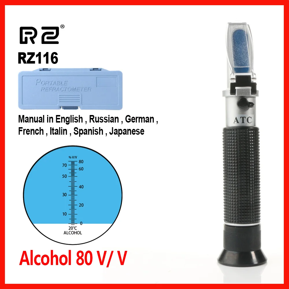 

RZ Refractometer Alcohol Alcoholometer meter Hydrometer concentration spirits tester wine0~80%V/V ATC Handheld Tool RZ116