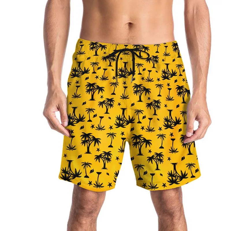Summer Yellow Board Shorts Beach Surfing Swimwear Fitness Bodybuilding Swimming Trunks Coconut Tree Men's Bathing Suit