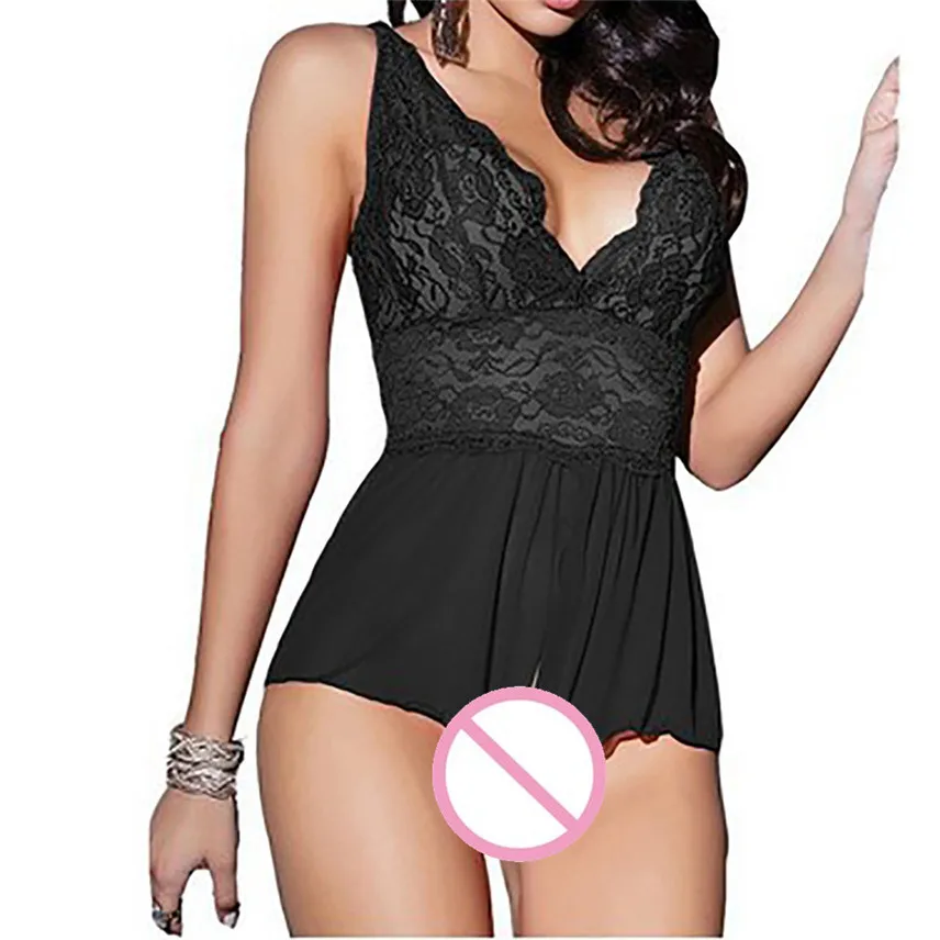

Women Sexy Underwear Lace Silk V-neck Baby Doll New Off Shoulder Plus Size Backless Sleepwear Nightgowns koszula nocna Y*