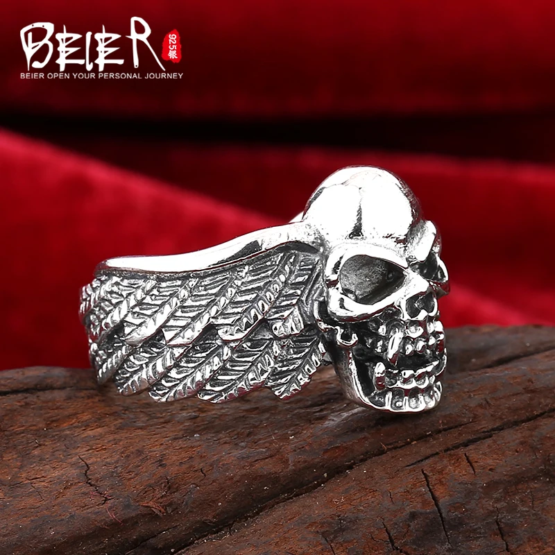 Beier 925 silver sterling jewelry 2015 new style skull man ring feather D1053