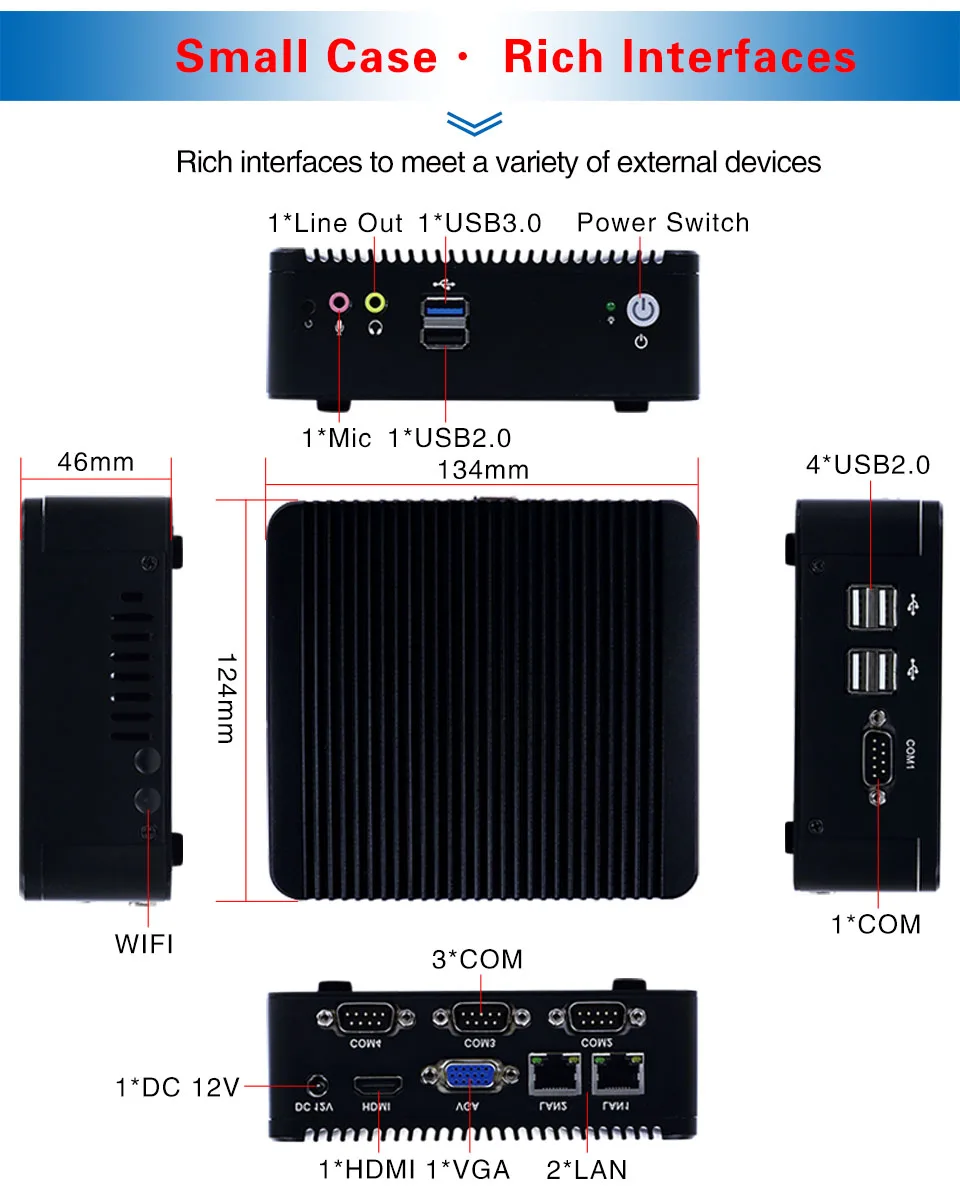 Minisys J1900 безвентиляторный мини-ПК quad core 2 * intel i211-AT lan на борту Встроенный 4 Гб оперативной памяти компьютера с 4 com-порт для windows 10