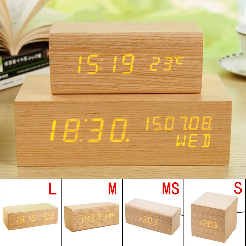 Luminous USB Digital LED Wood Alarm Clock Voice Control Timer