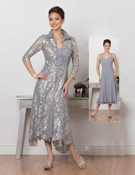 Elegant Tea Length Mother Of The Bride Dresses With Long Sleeve Lace Jacket Formal Wedding Guest Dress Plus Size Mothers Groom Dresses