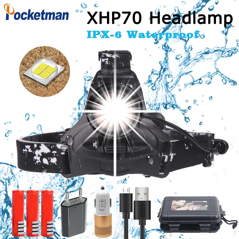 

2019 High Power LED Headlight 50000lm Super Bright XHP 70 Waterproof Adujustment with Micro USB Charging port z45