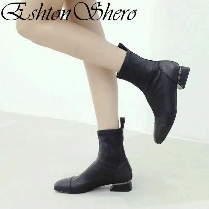 

EshtonShero Women Ankle Boots Shoes Woman Square Toe Low Heels Leather+PU Platform Fashion Ladies Motorcycle Boots Size 3-9