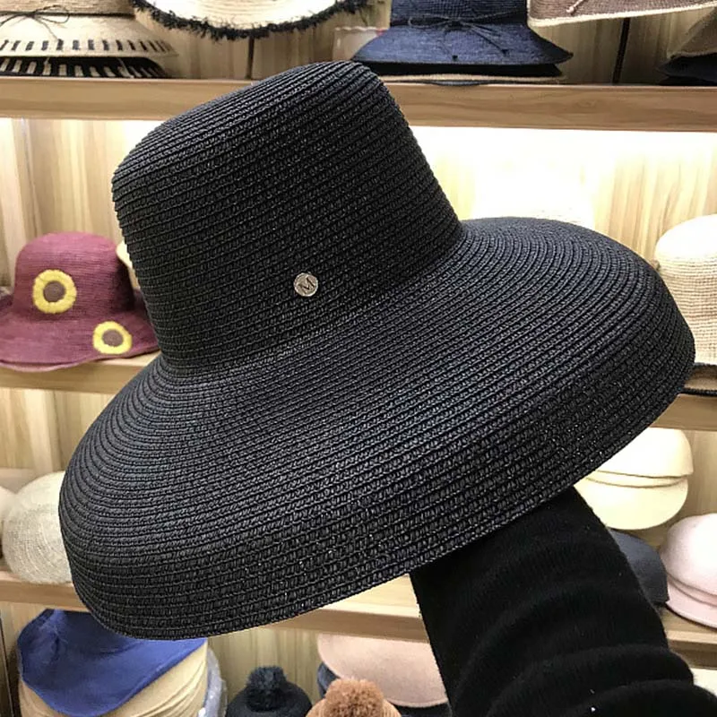 Fghgf أنيق أسود أبيض الصيف ورقة سترو القبعات سيدات الأعلى قبعة واسعة حافة الشمس uv حماية مرن شاطئ القبعات قبعة دربي القبعات