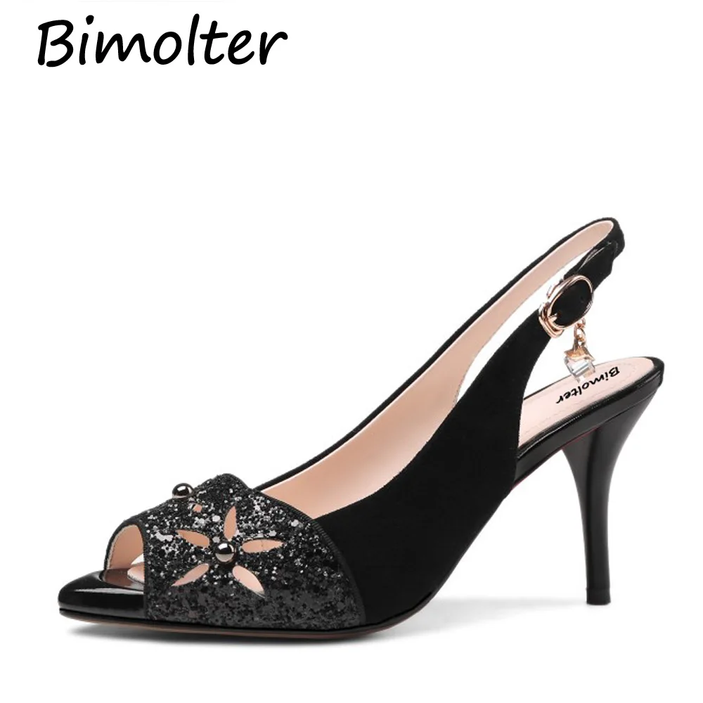 

Bimolter Women High Thin Heels Sandals Summer Genuine Leather Kid Suede Shoes Ladies Black Gray Sweet Wedding Shoes LSWA002